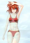  armpits bikini blue_eyes blush brown_hair lyrical_nanoha mahou_shoujo_lyrical_nanoha mahou_shoujo_lyrical_nanoha_a&#039;s mahou_shoujo_lyrical_nanoha_a&#039;s_portable:_the_battle_of_aces mahou_shoujo_lyrical_nanoha_a's mahou_shoujo_lyrical_nanoha_a's_portable:_the_battle_of_aces material-s navel open_mouth partially_submerged short_hair swimsuit wink yousuke968 