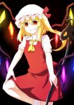  blonde_hair crystal doseisan_(dosei-san) flandre_scarlet glowing hat hat_ribbon laevatein open_mouth puffy_sleeves red_eyes ribbon sharp_teeth short_hair short_sleeves side_ponytail solo touhou wings 