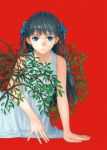  arm_support black_hair blue_eyes braid branch dress hair_ribbon leaf long_hair lying original pikomaro plant red_background ribbon solo twin_braids white_dress 