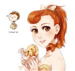  bare_arms blush_stickers bow bow_choker chibi choker cinnamon_roll closed_eyes collarbone dress dual_persona eyes_closed food food_themed_clothes freckles hair_bow holding light_brown_eyes lips long_hair looking_at_viewer meago musical_note open_mouth orange_hair original personification ponytail portrait rough signature simple_background smile solo strapless_dress white_background 