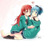  alternate_hairstyle bare_legs blue_eyes blue_hair blush cosplay gleision_adain hair_down hair_ornament hair_ribbon hairclip heart jacker jacket long_hair mahou_shoujo_madoka_magica miki_sayaka multiple_girls off_shoulder ponytail red_eyes red_hair redhead ribbon sakura_kyouko sakura_kyouko_(cosplay) short_hair skirt 