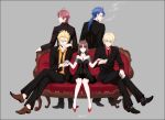  4boys archer_(fate/prototype) blue_hair cigarette couch fate/prototype fate_(series) formal green_eyes lancer_(fate/prototype) long_hair multiple_boys necktie ponytail red_eyes red_hair redhead rider_(fate/prototype) saber_(fate/prototype) sajou_ayaka suit tomose0224 