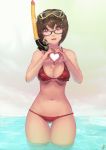  bikini breasts brown_eyes brown_hair cleavage glasses goggles goggles_on_head heart heart-shaped_pupils heart_hands highres instant-ip navel original parted_lips red_bikini short_hair snorkel solo swimsuit symbol-shaped_pupils thigh_gap thighs wading wet 