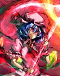  ascot blue_hair crystal fang hat hat_ribbon highres puffy_sleeves red_eyes remilia_scarlet ribbon short_hair short_sleeves slit_pupils smile solo temmasa22 touhou wings wrist_cuffs 