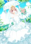  :d akaimo_satsuma androgynous bare_shoulders blush bouquet brown_hair crossdressinging dress earrings elbow_gloves fang flower gloves goma_(11zihisin) highres holding jewelry looking_at_viewer male open_mouth original pink_eyes short_hair smile solo tiara trap veil wedding_dress 