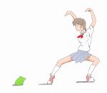  brown_hair dd_(artist) knee_socks necktie school_uniform simple_background stance toad 