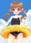  :d bare_shoulders blue_sky brown_hair cloud clouds copyright_request fang flat_chest innertube jpeg_artifacts long_hair meito_(maze) open_mouth purple_eyes school_swimsuit sky smile solo swimsuit twintails violet_eyes wet 