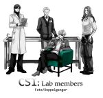  berserker_(fate/zero) chaps cigarette couch crimo csi eyepatch fate/stay_night fate/zero fate_(series) highres kayneth_archibald_el-melloi kotomine_kirei labcoat long_hair male matou_kariya multiple_boys parody spot_color sweater 