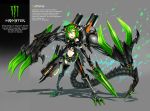  armor caffeine claws gia green_hair grey_background gun mecha_musume monster_energy open_mouth orange_eyes original personification short_hair solo sword tail weapon 