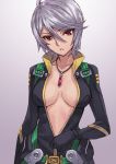  1girl ahoge bodysuit breasts cleavage jewelry large_breasts looking_at_viewer matsuryuu necklace pendant red_eyes short_hair silver_hair solo uchuu_senkan_yamato uchuu_senkan_yamato_2199 unzipping yamamoto_akira 