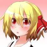  blonde_hair blush fang gradient gradient_background hair_ribbon hiro_(pqtks113) looking_at_viewer open_mouth pink_background portrait red_eyes ribbon rumia short_hair solo touhou 