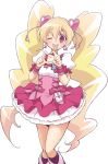  ;d blonde_hair boots choker corset cure_peach earrings fresh_precure! hair_ornament hairpin heart heart_hands jewelry karak_nishiki long_hair magical_girl momozono_love open_mouth pink_eyes precure skirt smile solo twintails white_background wink 