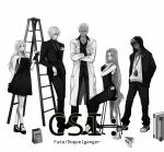  3boys archer archer_(fate/extra) avenger caren_hortensia caren_ortensia crimo csi dress fate/extra fate/hollow_ataraxia fate/stay_night fate_(series) formal glasses greyscale hair_over_one_eye hoodie labcoat long_hair monochrome multiple_boys multiple_girls necktie parody rider suit 