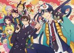  ao_no_exorcist glasses japanese_clothes kamiki_izumo kirigakure_shura kome_kako kuro_(ao_no_exorcist) mask miwa_konekomaru moriyama_shiemi multicolored_hair okumura_rin okumura_yukio over_shoulder pointy_ears school_uniform shima_renzou short_hair sleeves_rolled_up suguro_ryuuji sword twintails two-tone_hair veins weapon 