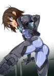  ass blue_eyes blush brown_hair fang formal kuronyan looking_at_viewer looking_back muvluv muvluv_alternative muvluv_total_eclipse open_mouth shiny shiny_clothes short_hair solo suit tarisa_manandal 