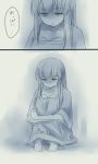  1girl emoticon empty_eyes flat_chest greyscale knees_to_chest knees_touching leg_hug long_hair makise_kurisu mizuki_riko monochrome no_nose onee-chan_no_te_wo_totte parody solo steins;gate translated 