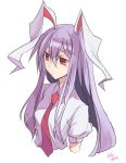  animal_ears bunny_ears bust kikugetsu long_ahir long_hair necktie puffy_sleeves purple_hair rabbit_ears red_eyes reisen_udongein_inaba short_sleeves solo touhou white_background 