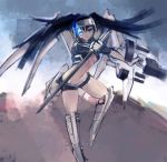  arm_cannon armor black_hair black_rock_shooter black_rock_shooter_(character) blue_eyes forehead_protector glowing glowing_eye katana long_hair mecha_musume riftgarret scar short_shorts shorts solo sword twintails weapon wings 