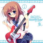  blue_eyes brown_hair dated glasses guitar happy_birthday holding instrument looking_at_viewer musical_note original raiou school_uniform skirt solo spoken_musical_note tongue tongue_out 