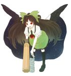  arm_cannon bad_id bird_wings bow brown_hair cape hair_bow honotai long_hair mismatched_footwear open_mouth puffy_sleeves red_eyes reiuji_utsuho short_sleeves solo third_eye touhou weapon wings 
