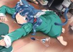  animal_ears barefoot blue_eyes blue_hair book cat_ears cat_tail chair contemporary dutch_angle erlenmeyer_flask feet flask hair_bobbles hair_ornament hat hat_removed headwear_removed indoors kawashiro_nitori kemonomimi_mode key office on_stomach short_hair sinzan solo tail touhou wooden_floor 