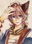  animal_ears bad_id bandages blonde_hair blue_eyes bracelet ear_pull fox_ears hand_on_head jewelry looking_at_viewer marker_(medium) open_clothes open_mouth open_shirt original pink_nails scarf short_hair solo traditional_media yamako_(artist) 
