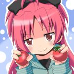  1girl apple blush food fruit hair_ribbon mahou_shoujo_madoka_magica mai_(t-5) ponytail red_eyes red_hair redhead ribbon sakura_kyouko smile solo 