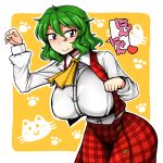  :&gt; arm_up ascot blush breasts cat checkered checkered_skirt green_hair heart huge_breasts kazami_yuuka large_breasts looking_at_viewer open_vest paw_pose paw_print red_eyes shirt skirt skirt_set smile solo touhou unadare 