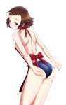  arms_behind_back ass bare_back bare_shoulders bent_over blush bob_cut brown_eyes brown_hair buruma from_behind hyouka ibara_mayaka looking_back naked_apron nearly_naked_apron short_hair simple_background topless unitaisho white_background 