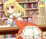  blonde_hair bloomers blush bookshelf chiyono crystal flandre_scarlet open_mouth puffy_sleeves red_eyes short_hair short_sleeves side_ponytail solo table touhou wings 