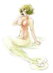  breasts ghost_tail green_eyes green_hair kitayuki_kajika mermaid monster_girl no_nipples nude profile short_hair simple_background sketch soga_no_tojiko solo touhou white_background 