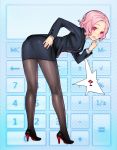  ? ass bent_over calculator copyright_request female formal from_behind hand_on_hip high_heels leaning_forward legs looking_back office_lady pantyhose pink_eyes pink_hair pumps shiohara_shin&#039;ichi shiohara_shin'ichi shoes short_hair skirt skirt_suit solo suit 