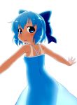  alternate_costume back blue_dress blue_eyes blue_hair blush bow cirno dress hair_bow kusaba no_wings open_mouth outstretched_arms see-through see-through_silhouette short_hair solo tan tanline touhou turning 
