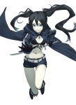  belt bikini_top black_hair black_rock_shooter black_rock_shooter_(character) boots denim denim_shorts fkey front-tie_top gloves highres katana looking_at_viewer navel shorts simple_background smile solo sword twintails weapon white_background 
