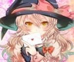  blonde_hair bow braid brown_eyes covering_mouth detached_collar face hair_bow hat hat_bow kirisame_marisa letter long_hair looking_at_viewer love_letter puffy_sleeves shisei_(kyuushoku_banchou) short_sleeves side_braid single_braid solo touhou witch_hat wrist_cuffs yellow_eyes 