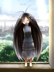  :d antenna_hair arms_behind_back barefoot black_dress black_hair blush closed_eyes cockroach dress eyes_closed gokicha gokicha_(character) insect long_hair minamito open_mouth personification smile sunlight tree very_long_hair water_drop window 