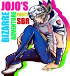  1boy beanie blonde_hair blue_eyes copyright_name feathers hat highres hoodie johnny_joestar jojo_no_kimyou_na_bouken momo521 solo steel_ball_run 