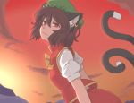  animal_ears brown_hair cat_ears cat_tail chen dai_(touhou_handdrawn) earrings face hat jewelry multiple_tails orange_eyes short_hair solo sunset tail touhou 