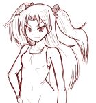  bare_shoulders bow character_request competition_swimsuit copyright_request eyebrows flat_chest hair_bow hand_on_hip long_hair mahou_shoujo_madoka_magica mikeangel05 monochrome one-piece_swimsuit sakura_kyouko sketch smile solo swimsuit two_side_up 