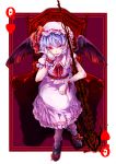  absurdres brooch card chair fang hat highres jewelry lavender_hair playing_card red_eyes remilia_scarlet sitting skirt skirt_set smile solo spear_the_gungnir toor_0111 touhou wrist_cuffs 