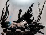  bikini_top black_hair black_rock_shooter blue_eyes boots chain kuroi_mato long_hair rebas scar shorts sword weapon 