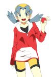  alternate_costume bangs bike_shorts blue_eyes blue_hair blush crystal_(pokemon) gold_(pokemon) gold_(pokemon)_(cosplay) hat holding holding_poke_ball jacket open_mouth poke_ball pokemon pokemon_(game) pokemon_gsc pumpkinpan simple_background smile solo twintails v 