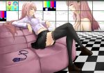  black_legwear breasts character_name checkered checkered_floor couch crossed_legs din47060702 din_(raiden) impossible_clothes impossible_shirt long_hair megurine_luka nail_polish navel necktie necktie_removed open_mouth pink_hair plaid plaid_necktie shirt shoes sitting skirt solo thigh-highs thighhighs vocaloid white_shirt zettai_ryouiki 