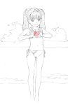  bikini heart heart_hands monochrome navel original side-tie_bikini sketch solo spot_color swimsuit twintails yoshitomi_akihito 