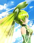  animal_ears blue_sky bunny_ears cloud clouds detached_sleeves green_eyes green_hair hatsune_miku minamito paper_airplane profile rabbit_ears sky solo twintails vocaloid 
