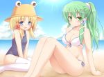  beach bikini cleavage green_hair hat kochiya_sanae moriya_suwako swimsuit thigh-highs touhou yuu_(yu0221f) 