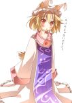  blonde_hair blush chen_okami child daidai_ookami dress fox_tail hat hat_with_ears highres long_sleeves looking_at_viewer open_mouth oversized_clothes oversized_object pink_dress red_eyes short_hair solo tabard tail touhou translated translation_request wide_sleeves yakumo_ran young 