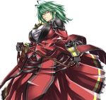  alternate_costume antenna_hair ascot breasts constricted_pupils frown gloves green_hair hair_over_one_eye highres holding kazami_yuuka koumajou_densetsu large_breasts long_skirt overskirt red_eyes serious short_hair shoulder_pads simple_background skirt solo touhou whip white_background yoiti 