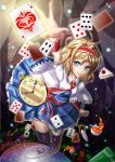  alice_margatroid blonde_hair blue_eyes blush cake capelet card cup flower food hairband highres pocket_watch rose shining short_hair smile solo teacup touhou watch wristband 