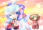  ahoge alternate_hair_length alternate_hairstyle animal_ears ascot blue_eyes blue_hair blush bow cirno detached_sleeves hair_bow kasodani_kyouko long_sleeves multiple_girls open_mouth short_hair touhou wink yurume_atsushi 